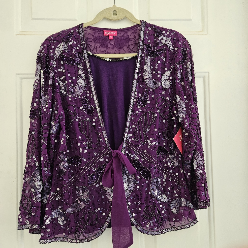 Purple Sequin and Bead Embellished Tie Front Jacket with Camisole